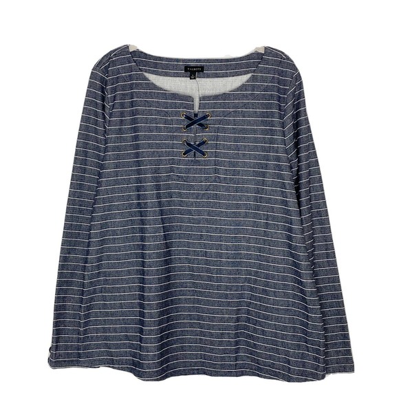 Talbots Tops - Talbots Top Womens Blue White Stripe Long Sleeve Velvet Lace Up Top Sz Large New